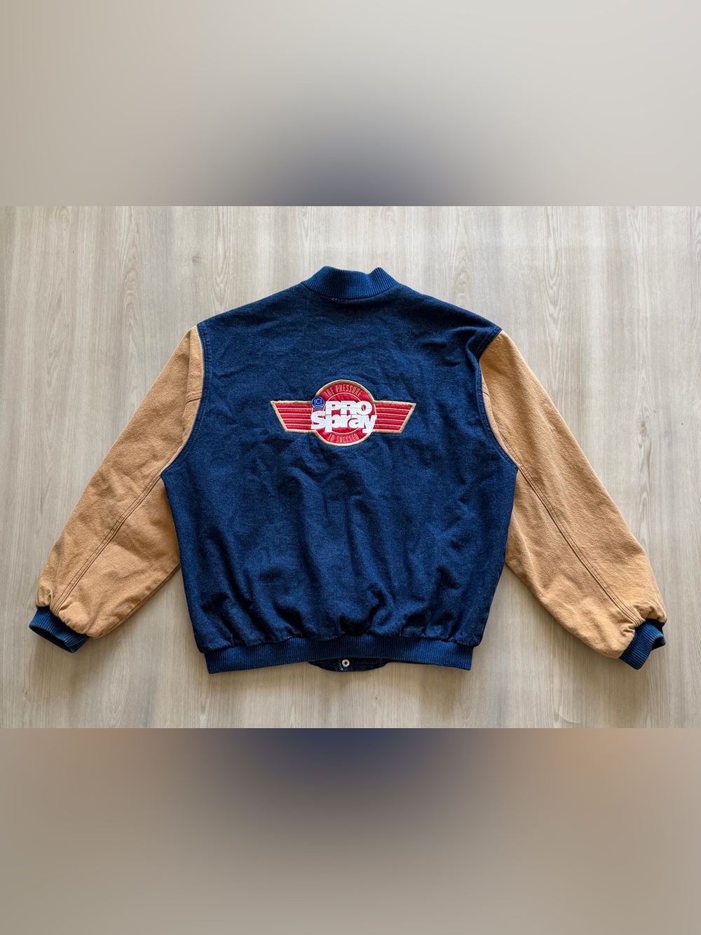 Vintage 90s Just Jackets Denim Varsity Bomber Sz XL USA Workwear Paint Auto